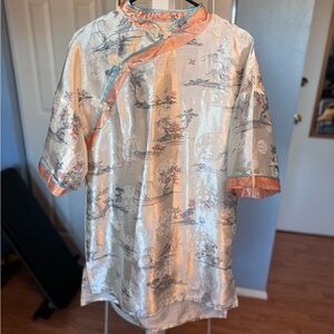 Loose-Fit Silk Satin Chinese Top with Scenic Embroidery (Size S, Never Worn)